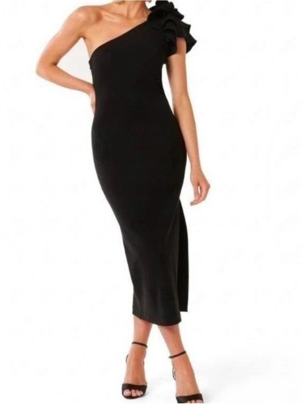 One-Shoulder EverNew Black Midi Dress with Ruffle Detail - Women